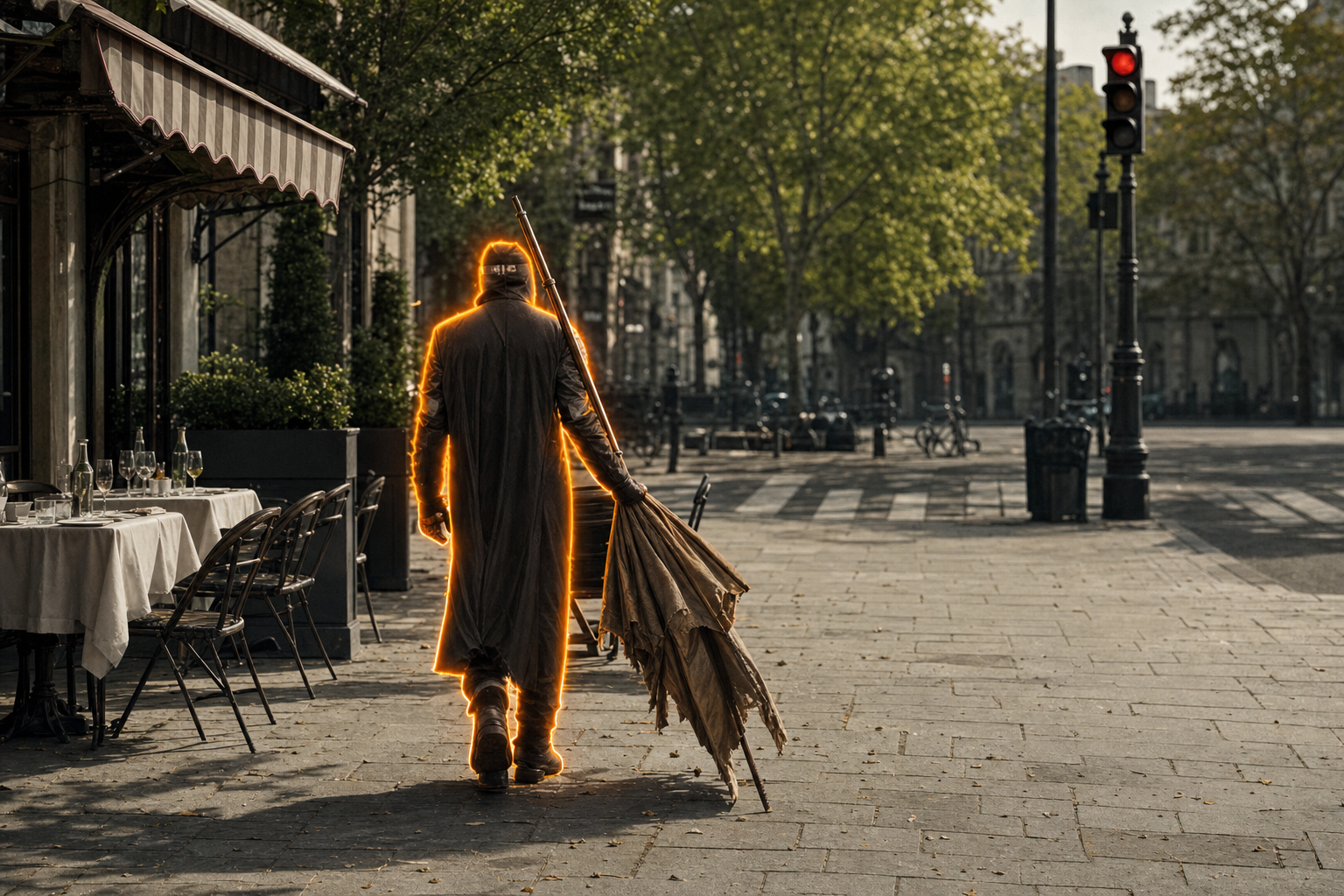BatmanFrance walking past a café terrace carrying a broken parasol
