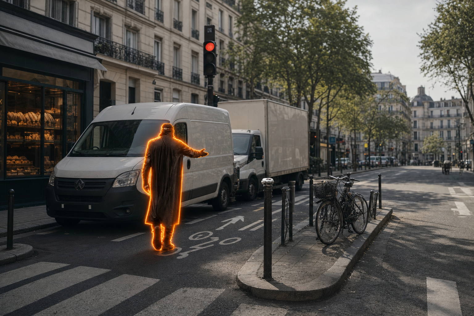 BatmanFrance directing a delivery van away from a cycle lane outside a bakery